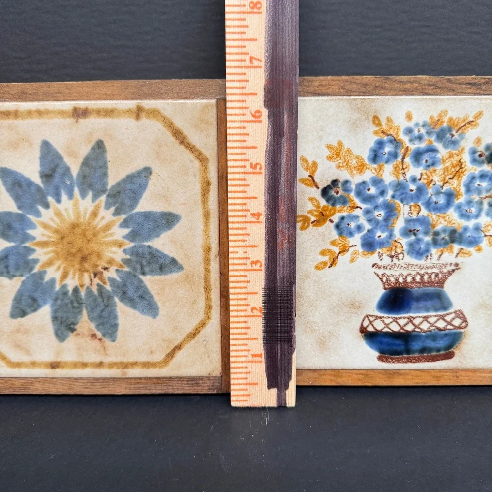 Vintage Italian Ceramic Art Tiles Set of 2 Wood Framed Floral Blue Made in Italy